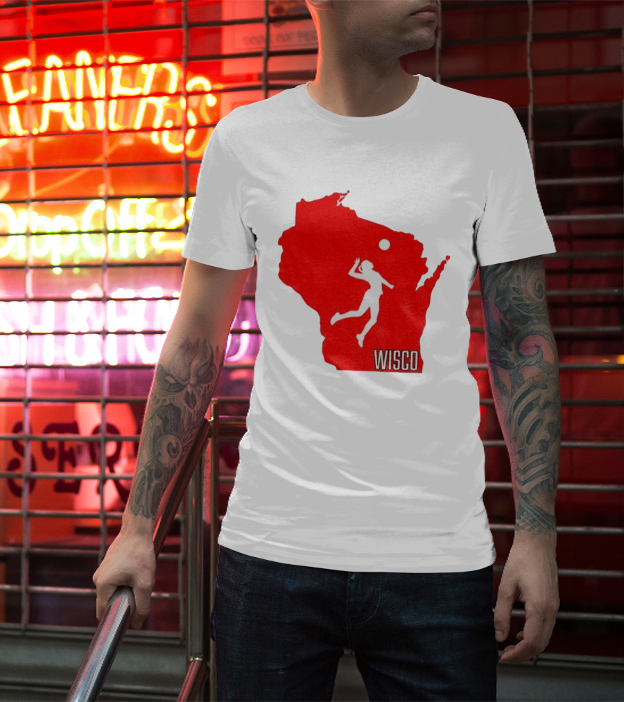 Wisconsin Badgers Volleyball Wisco Map Athlete Silhouette T-Shirt