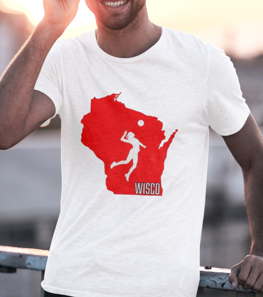 Wisconsin Badgers Volleyball Wisco Map Athlete Silhouette T-Shirt