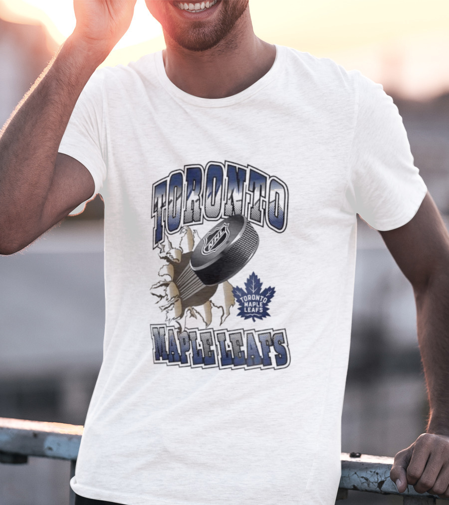 Toronto Maple Leafs Puck Breaking Cracked Wall With Maple Leaf Emblem T-Shirt