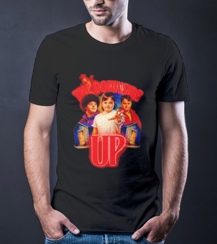 The Downside Up Stranger Things Meme Parody With Character Trio And Cabins T-Shirt