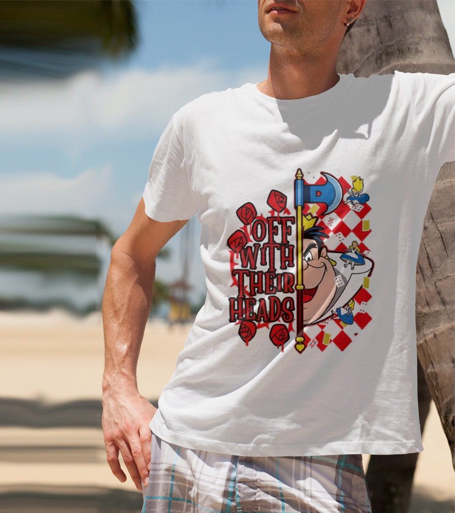 Off With Their Heads Queen Hearts Alice In Wonderland Axe Chessboard Cartoon T-Shirt