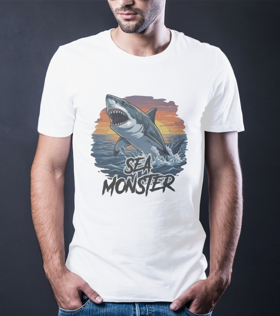Rawwfishing Sea Monster Shark Sunset Ocean Scene T-Shirt