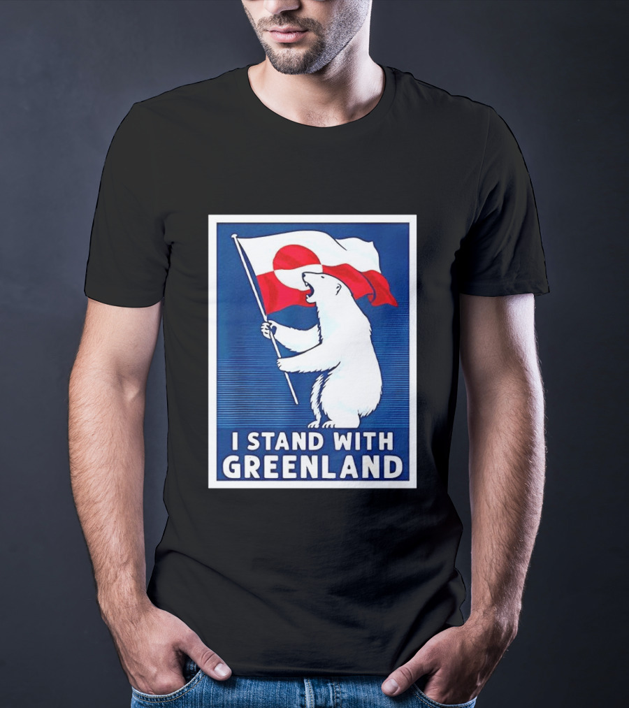 I Stand With Greenland Polar Bear Holding Flag Solidarity Banner T-Shirt