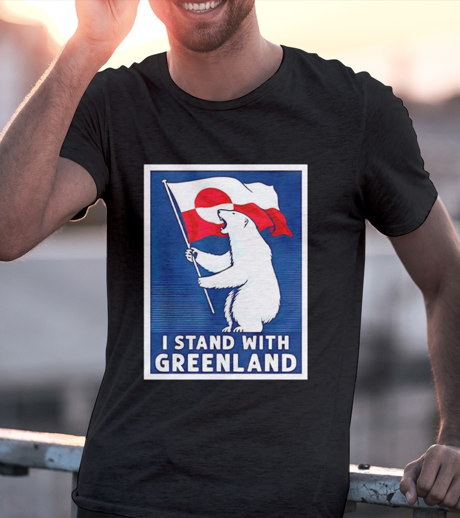 I Stand With Greenland Polar Bear Holding Flag Solidarity Banner T-Shirt
