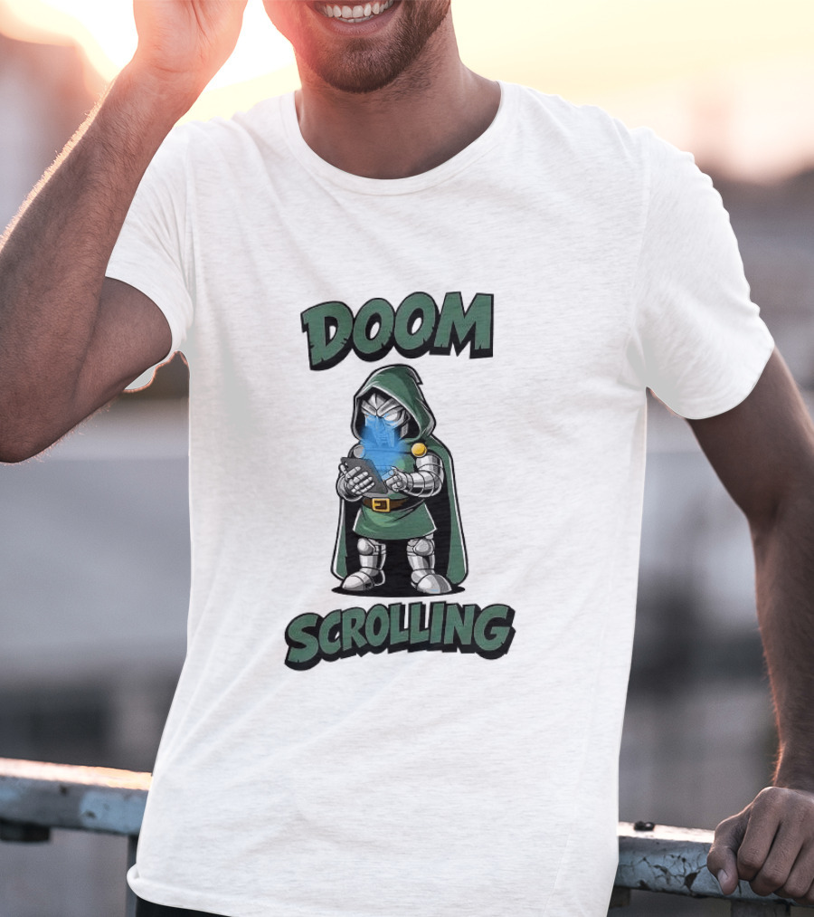 Doom Scrolling Dr Doom Comic Character With Phone T-Shirt
