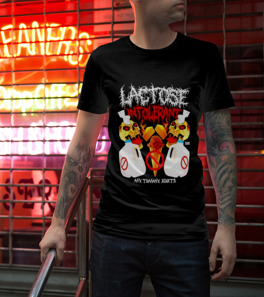 Lactose Intolerant Skulls Milk Jugs No Ice Cream My Tummy Hurts T-Shirt