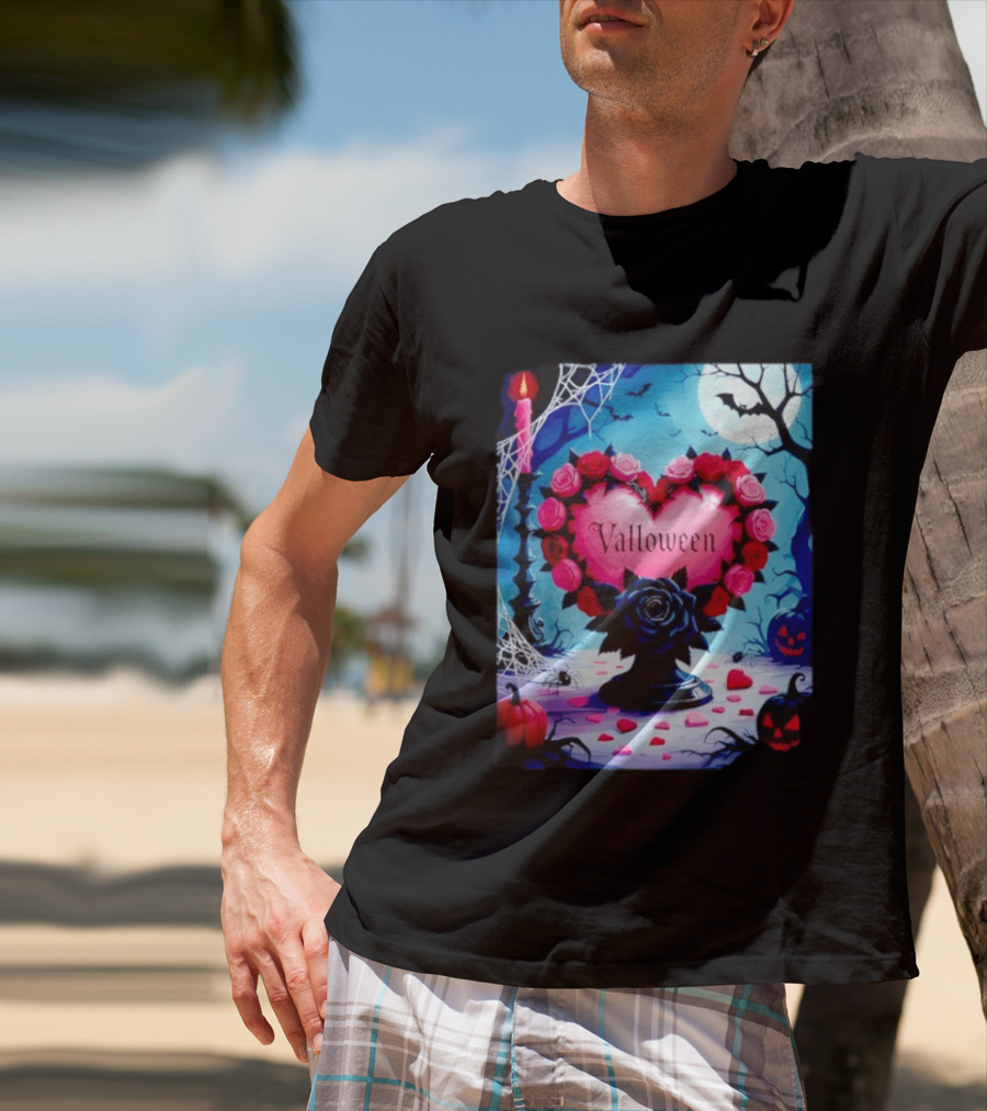 Valloween Romance And Menace Heart Rose Candle Moonlit Halloween T-Shirt