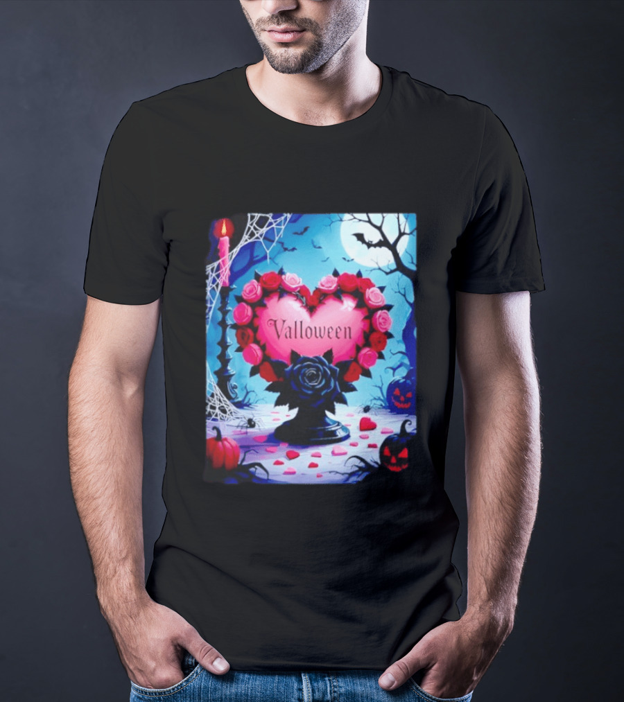 Valloween Romance And Menace Heart Rose Candle Moonlit Halloween T-Shirt