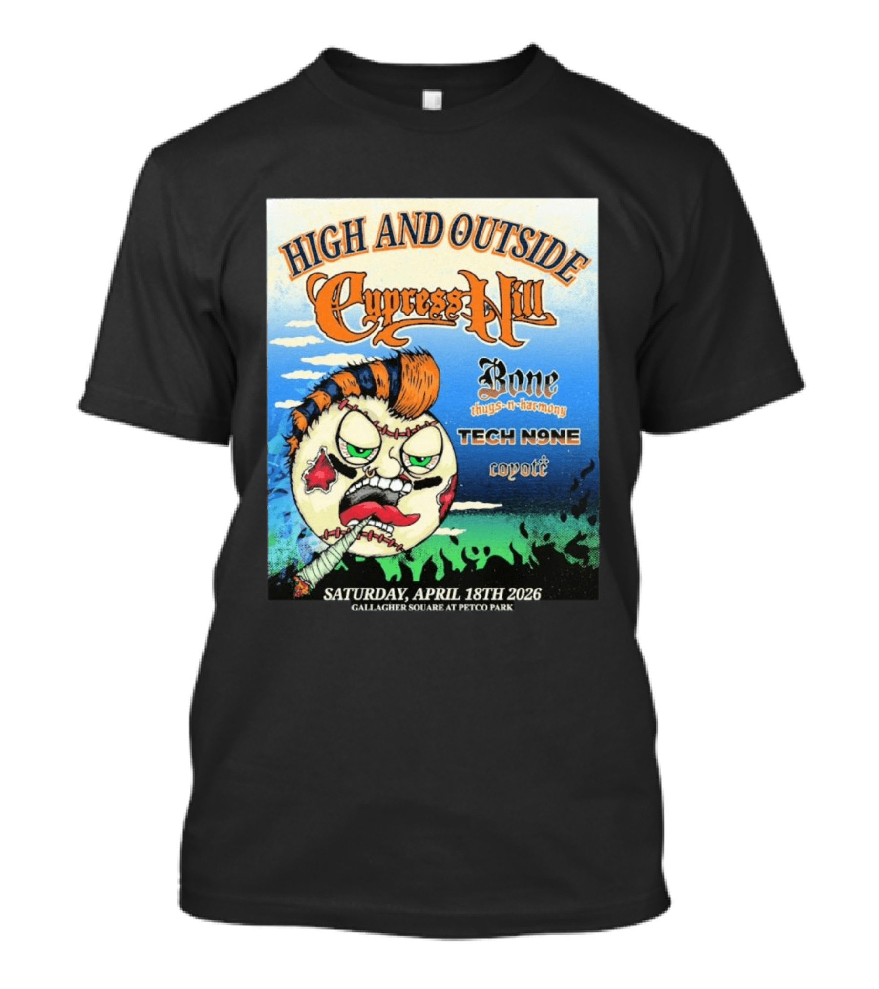 High And Outside Cypress Hill Bone Thugs N Harmony Tech N9ne Coyote Gallagher Square Petco Park April 18 2026 T-Shirt