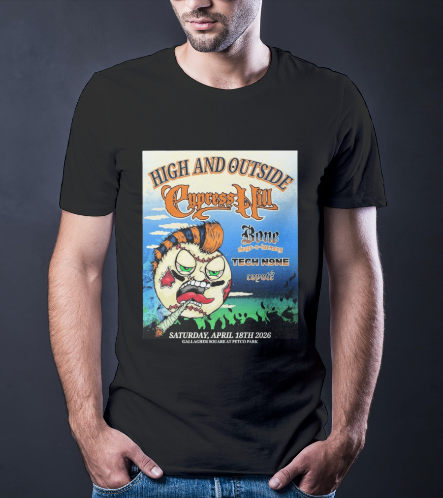 High And Outside Cypress Hill Bone Thugs N Harmony Tech N9ne Coyote Gallagher Square Petco Park April 18 2026 T-Shirt
