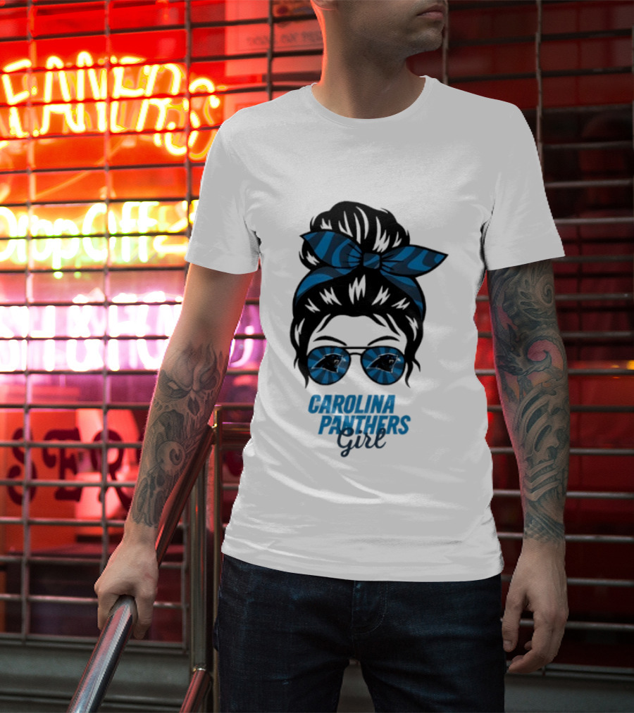 Carolina Panthers Girl Messy Bun Glasses Blue Bow Fan T-Shirt