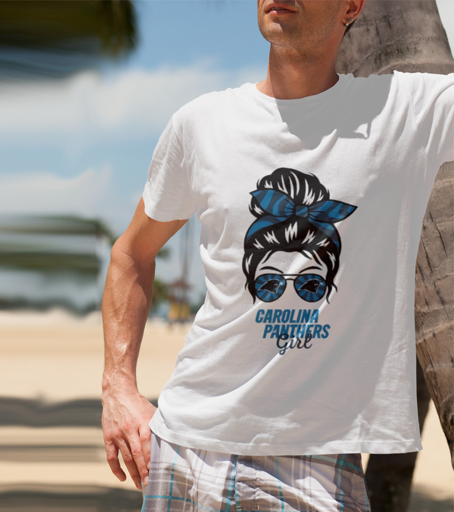 Carolina Panthers Girl Messy Bun Glasses Blue Bow Fan T-Shirt