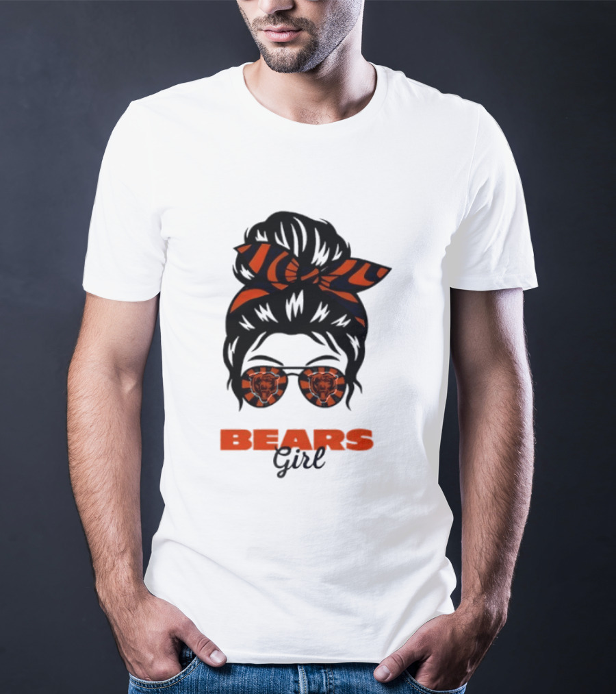 Chicago Bears Girl Messy Bun Glasses Football Fan T-Shirt