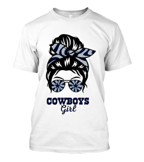 Dallas Cowboys Girl Messy Bun With Glasses And Star T-Shirt
