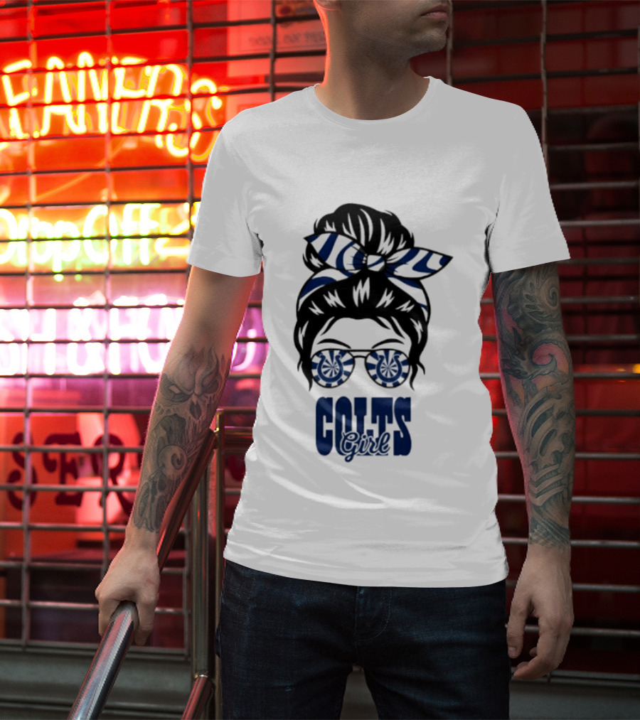 Indianapolis Colts Fan Messy Bun Glasses T-Shirt