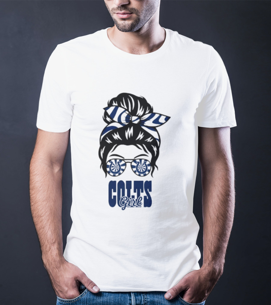 Indianapolis Colts Fan Messy Bun Glasses T-Shirt