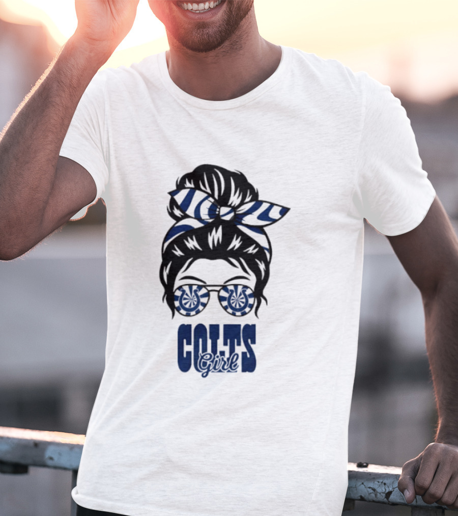 Indianapolis Colts Fan Messy Bun Glasses T-Shirt