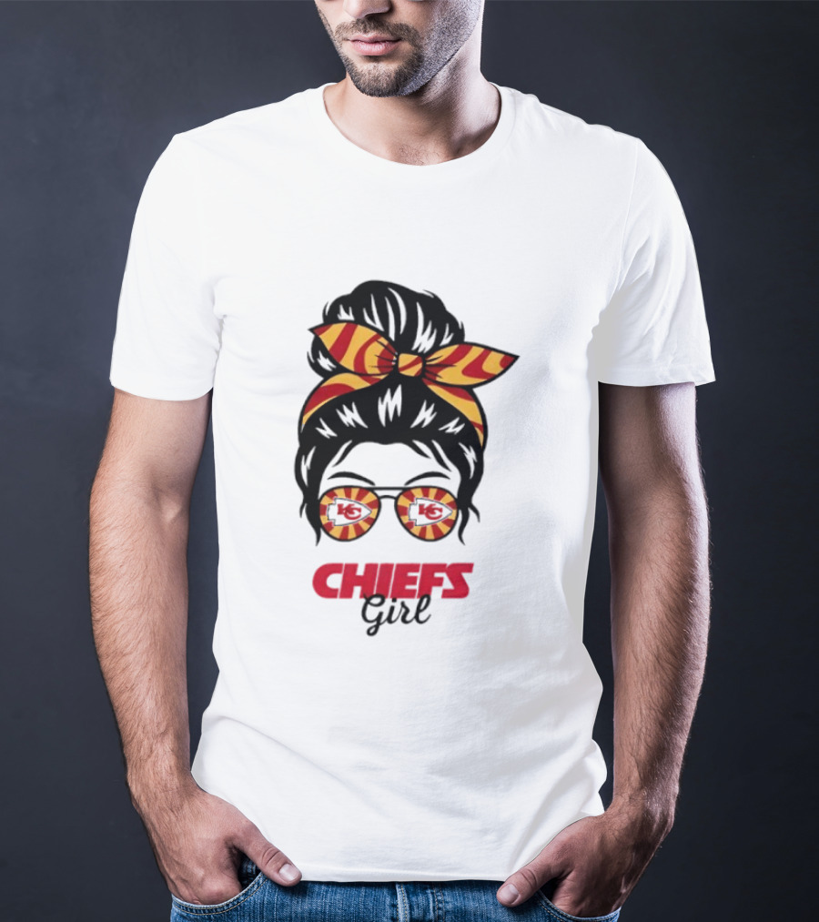 Kansas City Chiefs Girl Messy Bun With Striped Bow And Glasses T-Shirt