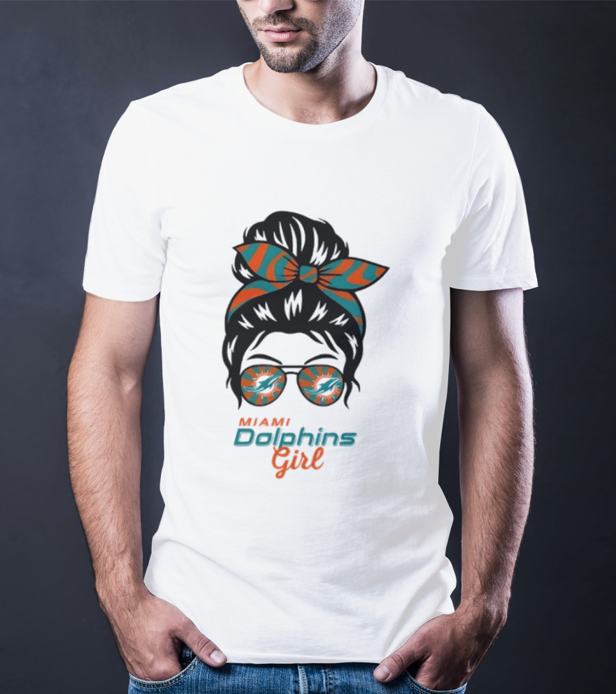 Miami Dolphins Girl Messy Bun Glasses Bow Fan Merchandise T-Shirt