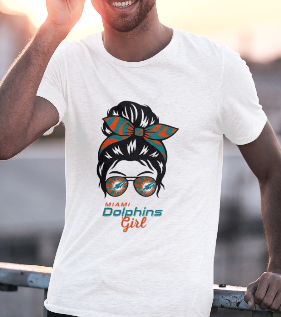 Miami Dolphins Girl Messy Bun Glasses Bow Fan Merchandise T-Shirt