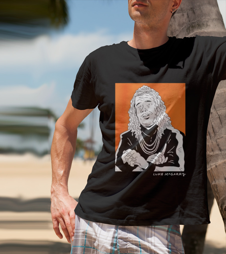 Luke McGarry Cartoon Character With Long Hair And Chains On Orange T-Shirt