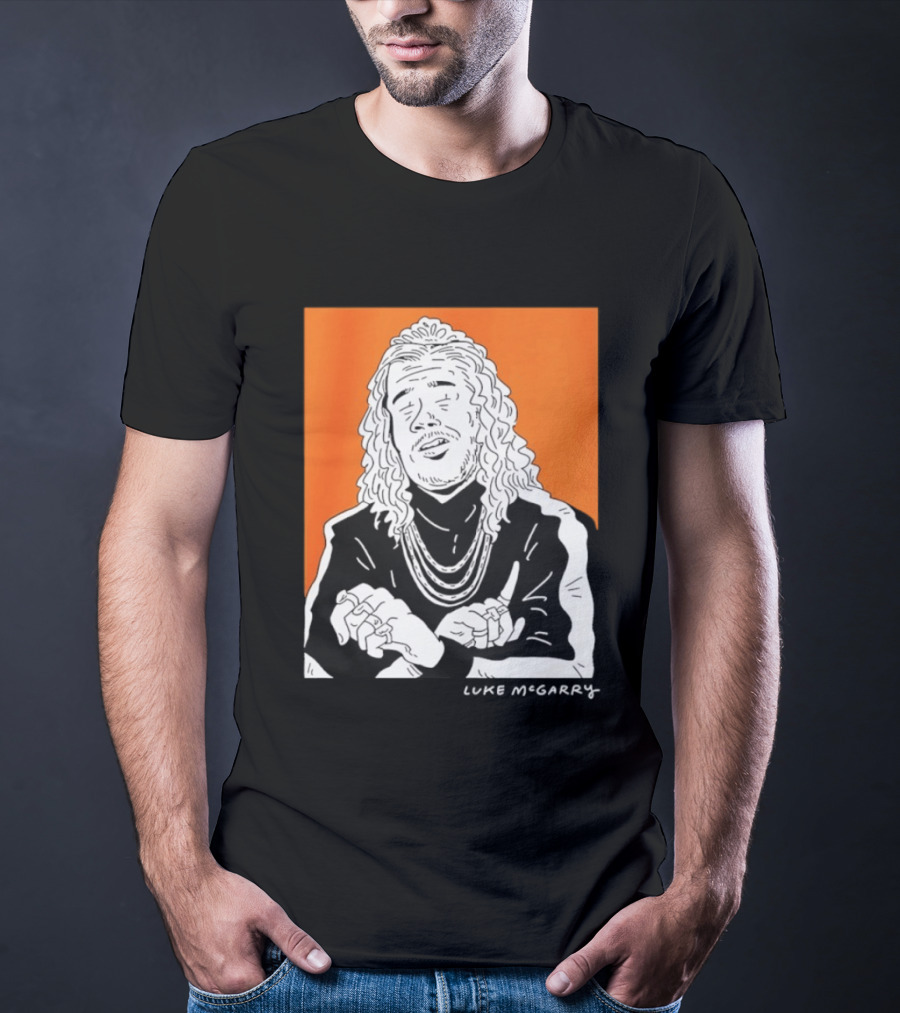 Luke McGarry Cartoon Character With Long Hair And Chains On Orange T-Shirt