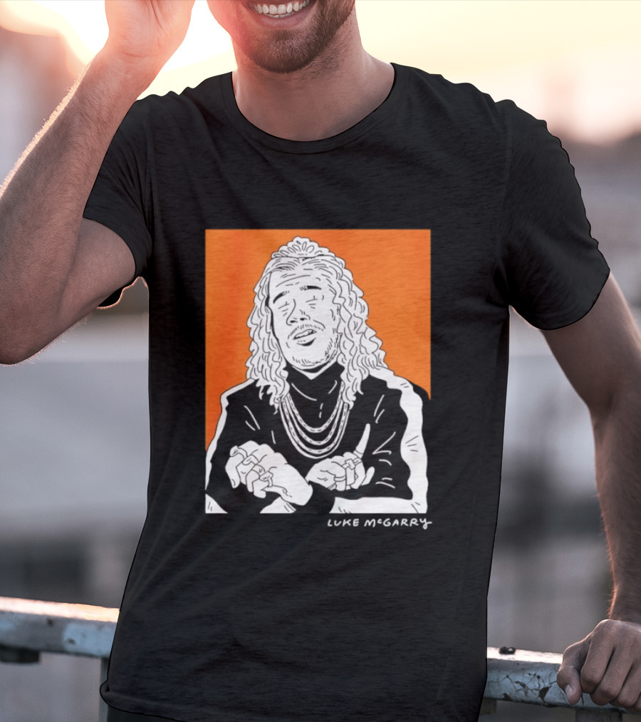 Luke McGarry Cartoon Character With Long Hair And Chains On Orange T-Shirt