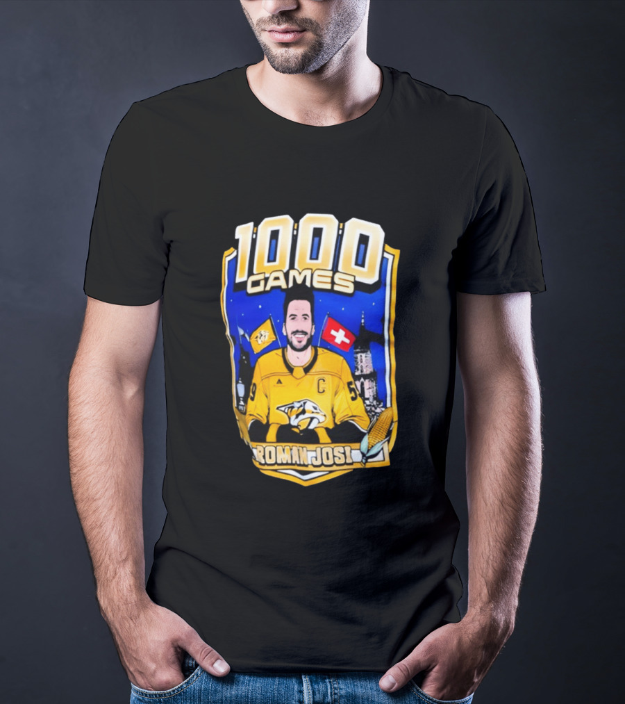 Nashville Predators Roman Josi 1000 Games Celebration NHL Captain Swiss Flag T-Shirt