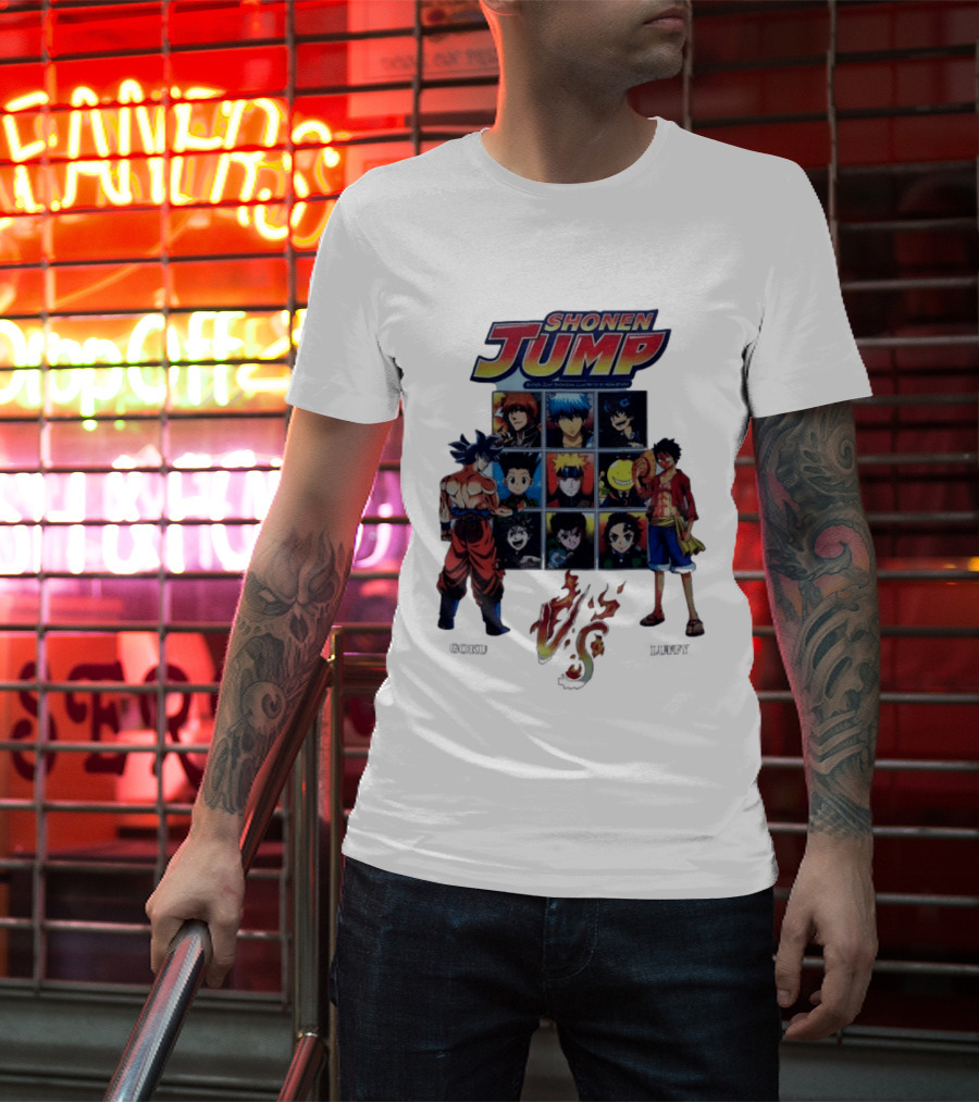Shonen Jump Goku Luffy Anime Crossover Naruto One Piece Classic Manga Characters T-Shirt