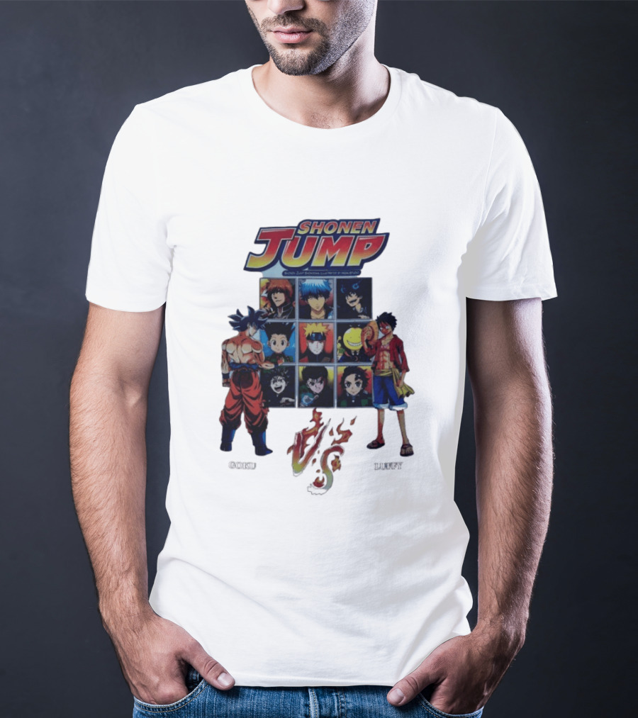 Shonen Jump Goku Luffy Anime Crossover Naruto One Piece Classic Manga Characters T-Shirt