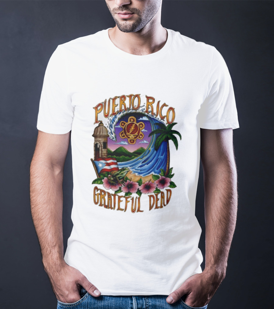 Puerto Rico Grateful Dead Tropical Wave With Hibiscus And Flag T-Shirt