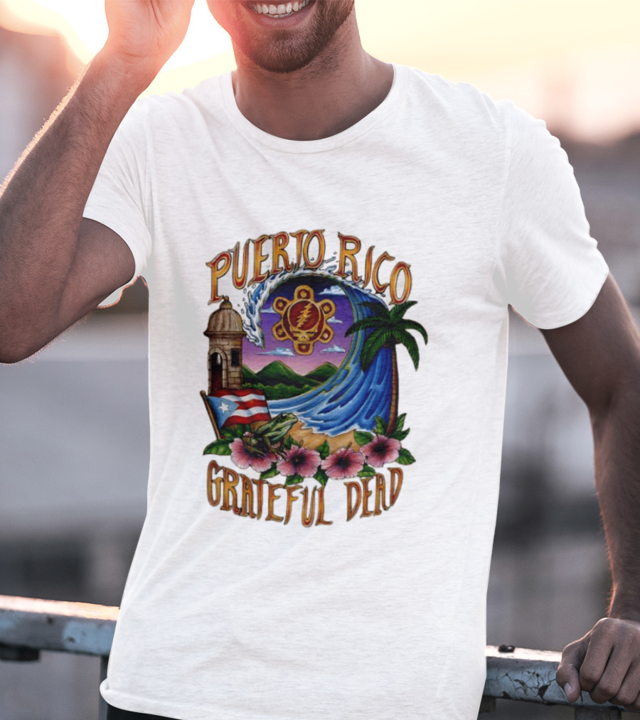 Puerto Rico Grateful Dead Tropical Wave With Hibiscus And Flag T-Shirt