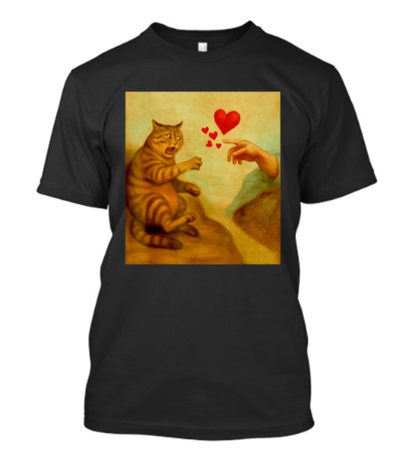 Cat Swatting God's Hand Surrounded By Hearts T-Shirt