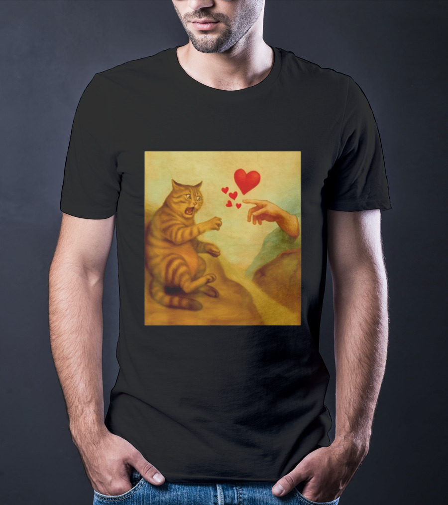 Cat Swatting God's Hand Surrounded By Hearts T-Shirt