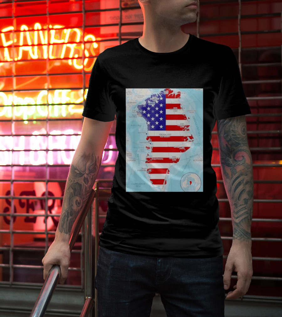 USA Flag Over Greenland Map American Patriot T-Shirt