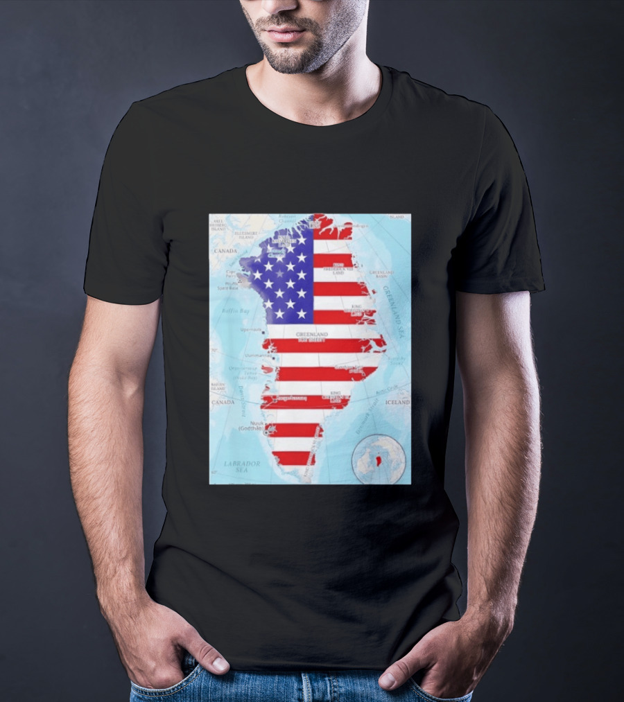 USA Flag Over Greenland Map American Patriot T-Shirt