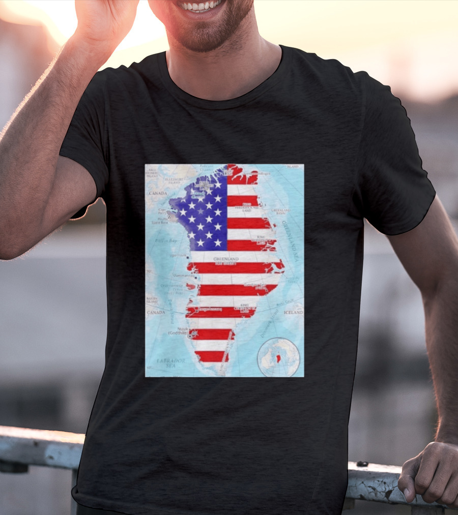 USA Flag Over Greenland Map American Patriot T-Shirt