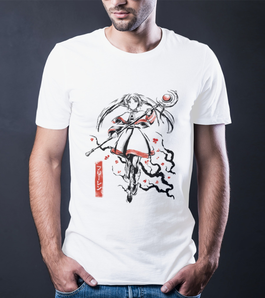 Frieren Beyond Journey's End The Eternal Mage Sumi E Style Magic Staff Blossoms T-Shirt