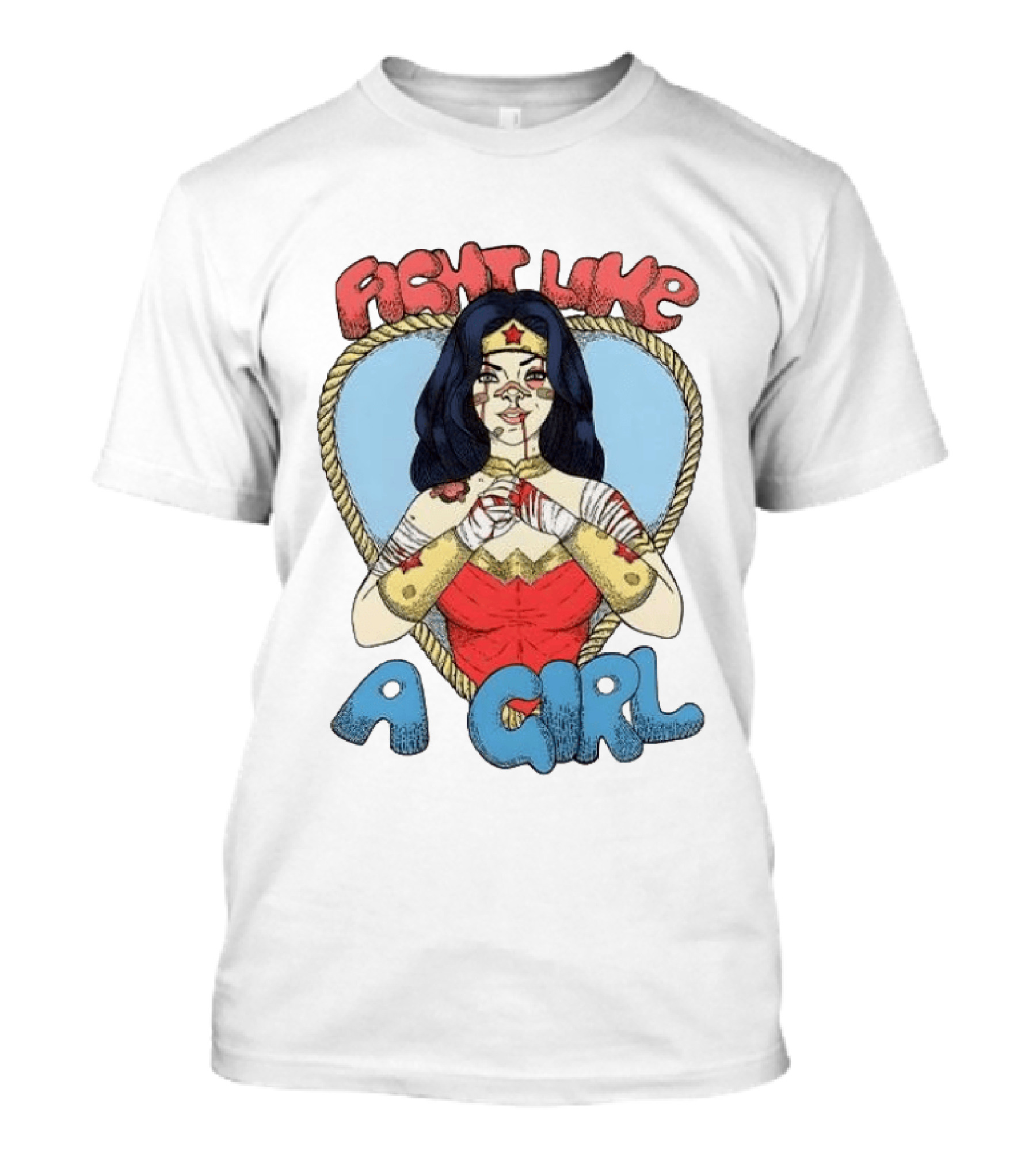 Wonder Woman Fight Like A Girl Cartoon Heart Rope Border T-Shirt