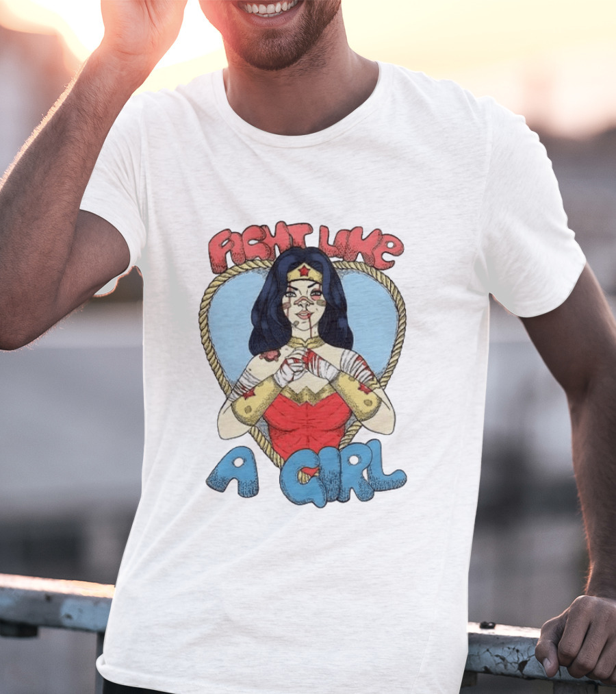 Wonder Woman Fight Like A Girl Cartoon Heart Rope Border T-Shirt