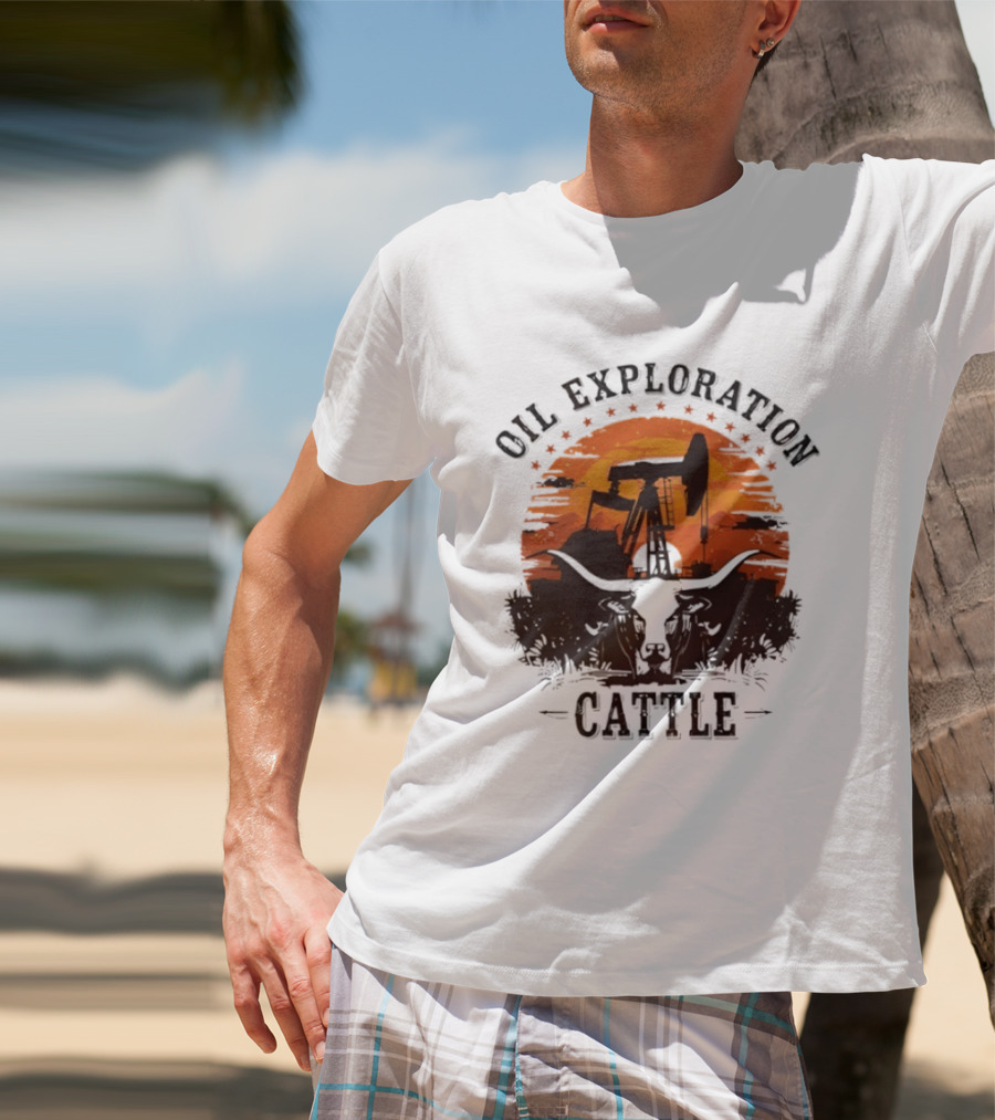 Oil Exploration Cattle Retro Vintage Pumpjack Sunset Scene T-Shirt