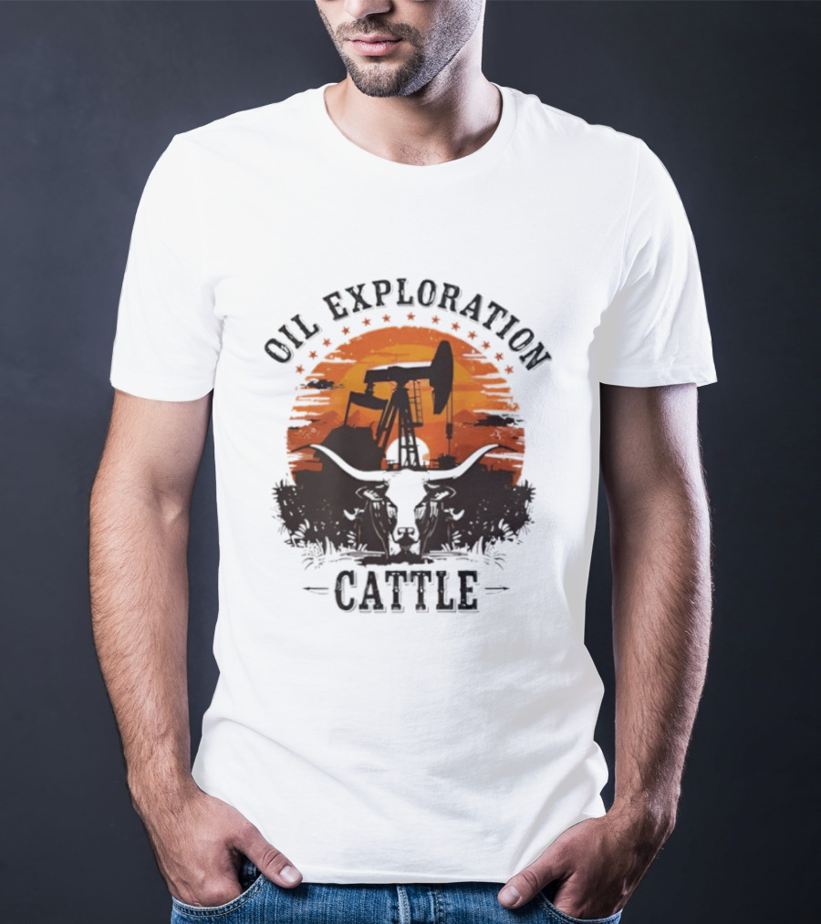 Oil Exploration Cattle Retro Vintage Pumpjack Sunset Scene T-Shirt