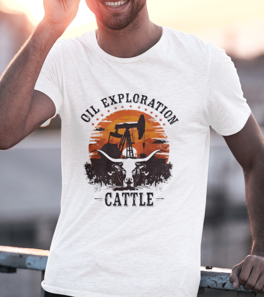 Oil Exploration Cattle Retro Vintage Pumpjack Sunset Scene T-Shirt