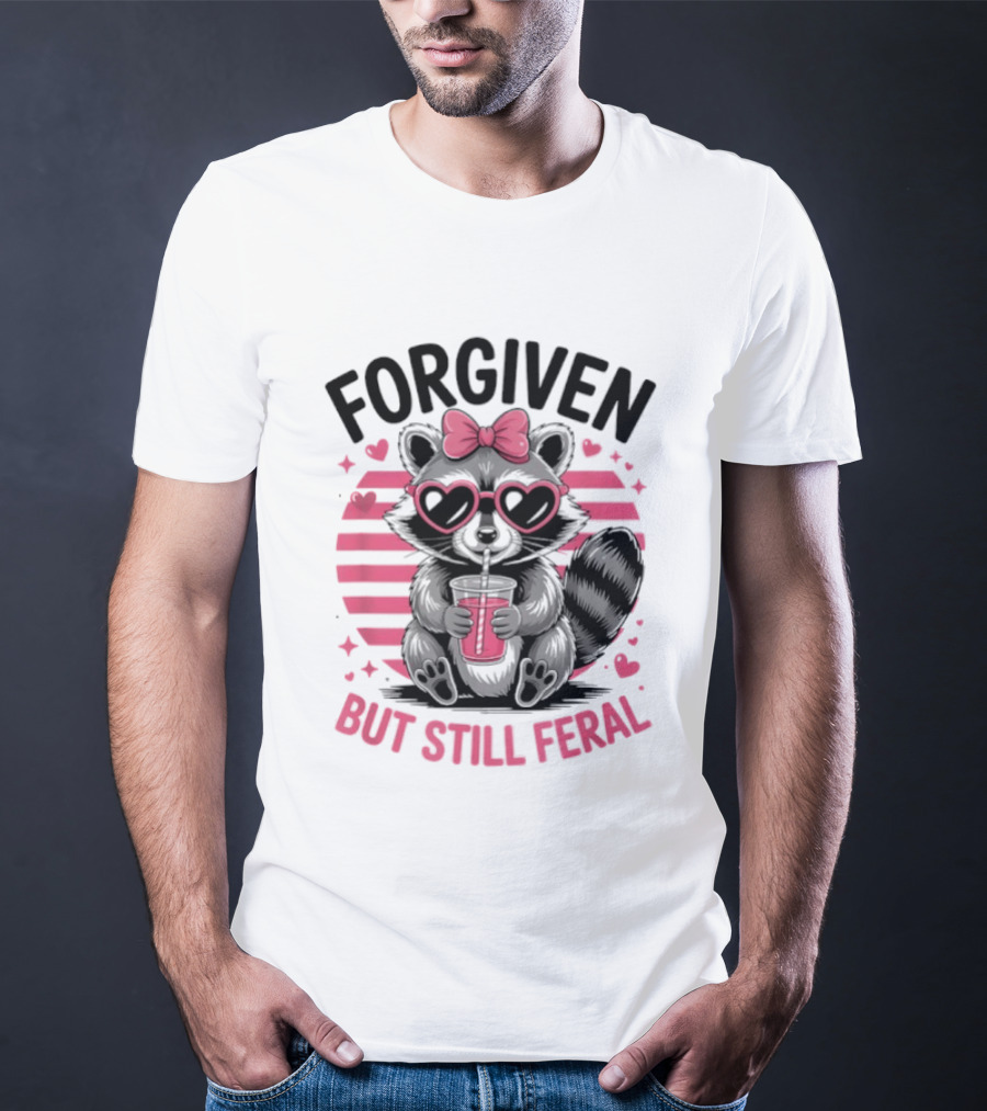 Forgiven But Still Feral Raccoon With Heart Glasses And Bow T-Shirt