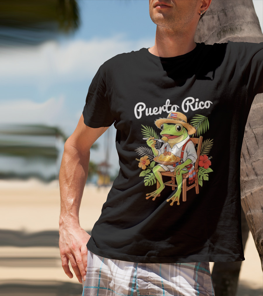 Puerto Rico Coqui Frog Eating Mofongo Taino Boricua Flag Hispanic T-Shirt