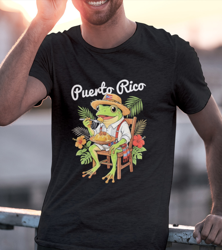 Puerto Rico Coqui Frog Eating Mofongo Taino Boricua Flag Hispanic T-Shirt