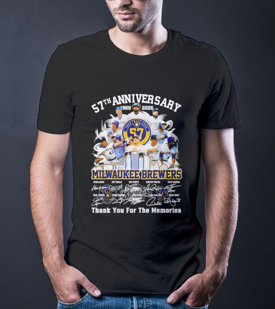 Milwaukee Brewers 57th Anniversary 1969 2026 Players City Skyline Thank You For The Memories T-Shirt