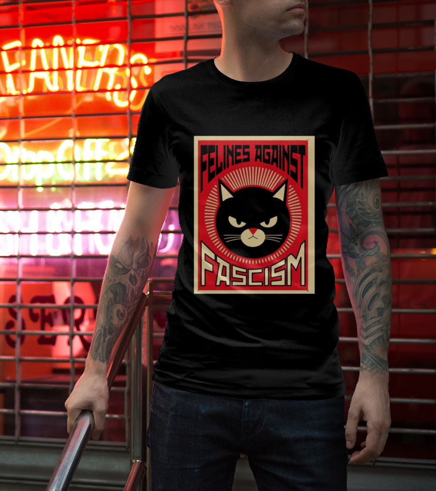 Felines Against Fascism Black Cat Political Satire Lorenzo T-Shirt