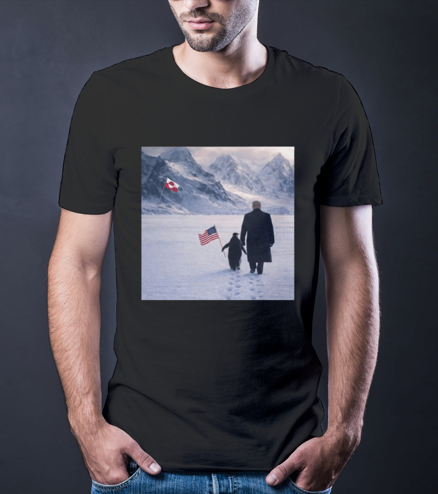 Nihilist Penguin Walking With Trump Antarctica American Flag Greenland Flag T-Shirt