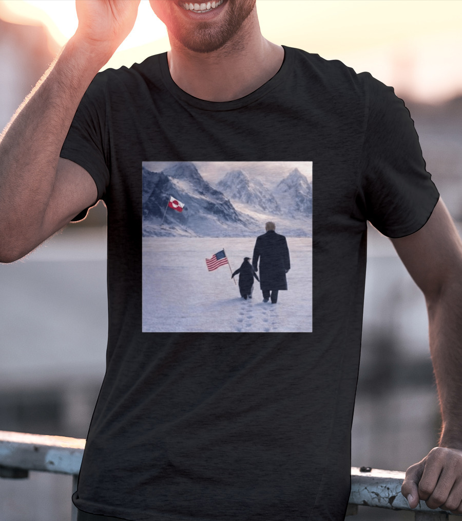 Nihilist Penguin Walking With Trump Antarctica American Flag Greenland Flag T-Shirt